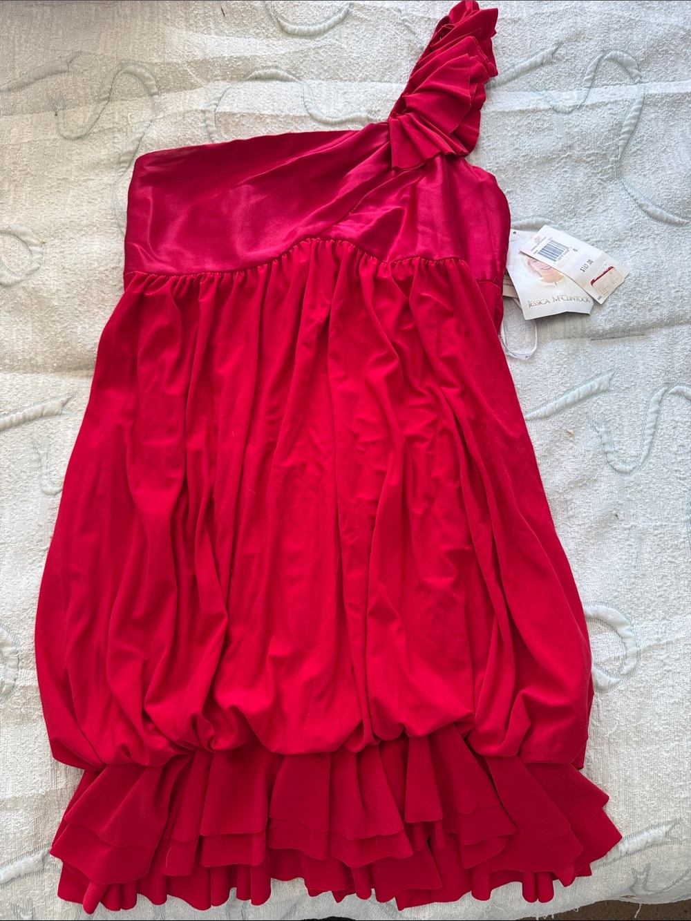 Jessica McClintock Satin Dress in Vibrant Pink-Red